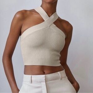 Babaton Aritzia Women's XS Sculpt Knit Criss Cross Cropped Tank Top Tan Ribbed